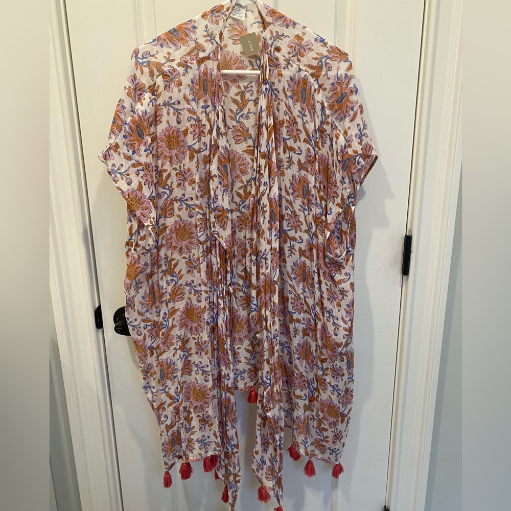 J crew cotton blend tasseled floral beach kimono